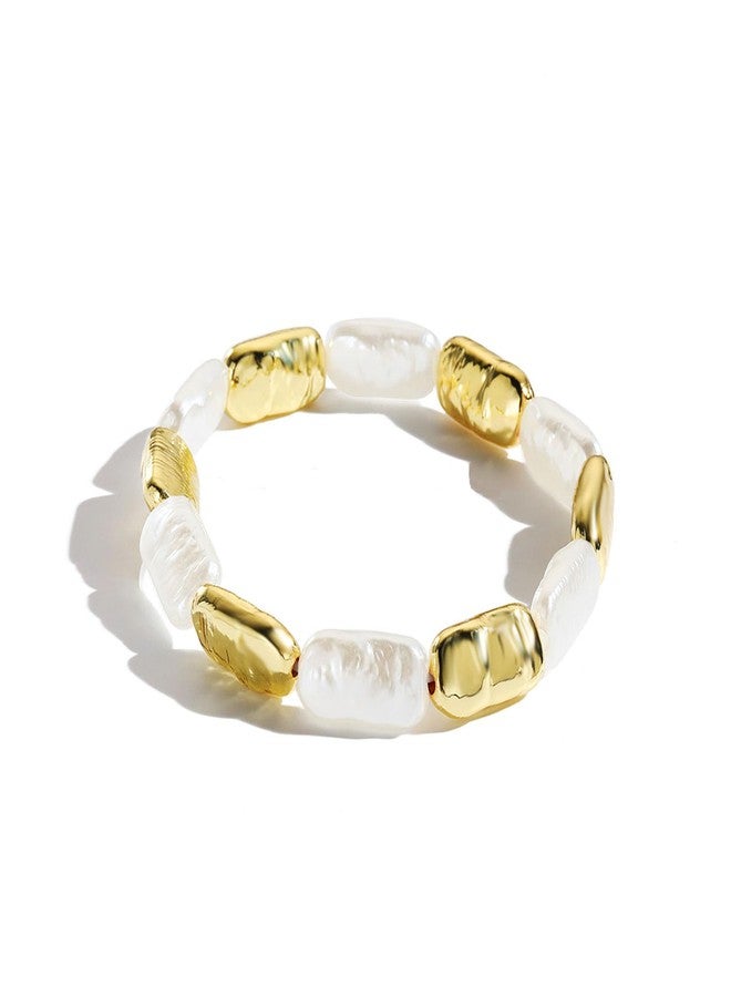 GLMOCM Baroque Pearl Bracelet for Women 14K Gold Pearl Statement Bracelet Dainty White Pearl Stretch Bracelets Birthday Jewelry Gift for Women (D) - Image 1